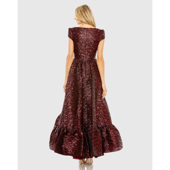 Mac Duggal NEW High Neck Brocade Short Sleeve Bubble Hem Dress Ruby $598 Size 10 - Picture 11 of 14